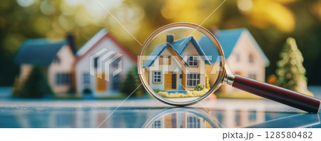 Focused house under magnifying glass with multiple homes in background. 128580482