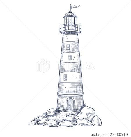 Vector illustration of Lighthouse on rocks for nautical design. Outline drawing of coastal scene compositions with Light house and seashore. Linear etching of Beacon on a Cliff painted by inks. Vector illustration of Lighthouse on rocks for nautical design. Outline drawing of coastal scene compositions with Light house and seashore. Linear etching of Beacon on a Cliff painted by inks. 128580519