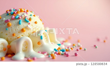 Macro Shot of Melting Vanilla Ice Cream with Multicolored Sprinkles 128580634