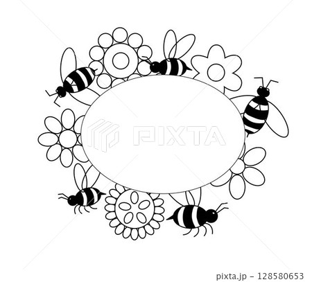 Floral bee Frame Oval template. Vector graphic line illustration. botanical wreath . Decorative boho folk art honeybee insect symmetrical poster design. Floral bee Frame Oval template. Vector graphic line illustration. botanical wreath . Decorative boho folk art honeybee insect symmetrical poster design. 128580653