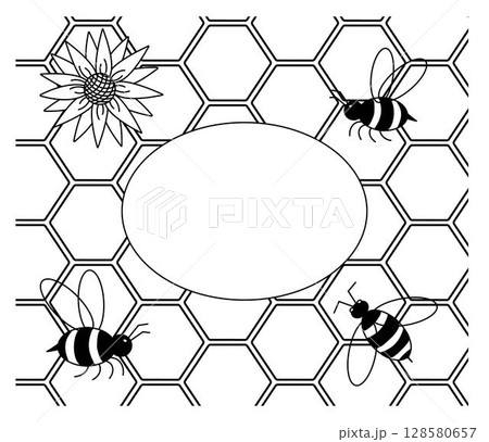 Honey abstract background, honeycomb Frame Oval template. Vector graphic line illustration. design for fashion graphics, textile prints, fabrics, wallpapers. 128580657