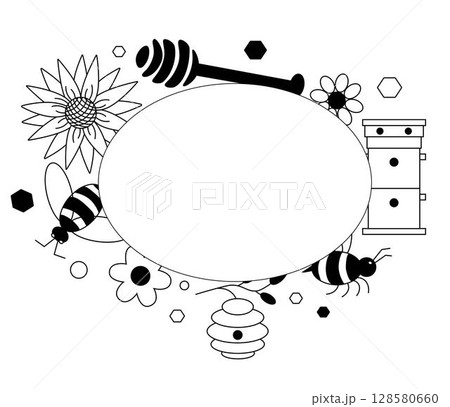Round frame with bees and honey items Oval template. Vector graphic line illustration. design for fashion graphics, textile prints, fabrics, wallpapers. For logo, web, package, sticker. 128580660