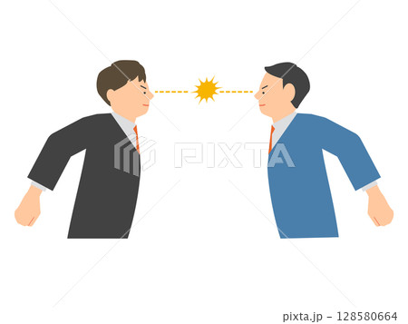 不敵な笑みを浮かべて火花を散らすライバルの二人の男性ビジネスマンのイラスト 不敵な笑みを浮かべて火花を散らすライバルの二人の男性ビジネスマンのイラスト 128580664