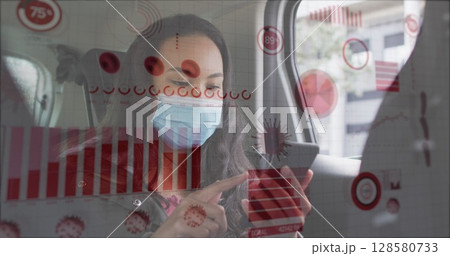 Woman wearing mask, tapping smartphone in back seat of car, showing data charts with virus icons 128580733