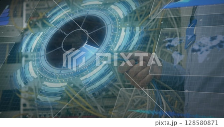 Image of data processing over caucasian man inspecting server room Image of data processing over caucasian man inspecting server room 128580871