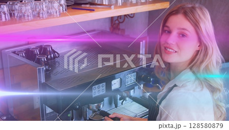 Image of light spots over caucasian woman preparing coffee in cafe Image of light spots over caucasian woman preparing coffee in cafe 128580879