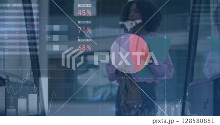 Image of financial data and graphs over african american businesswoman with documents Image of financial data and graphs over african american businesswoman with documents 128580881