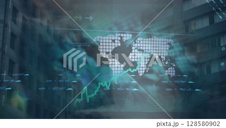 Image of financial data over world map, businesspeople and clouds Image of financial data over world map, businesspeople and clouds 128580902