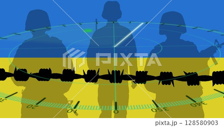 Image of radar, soldiers and barber wire over flag of ukraine Image of radar, soldiers and barber wire over flag of ukraine 128580903