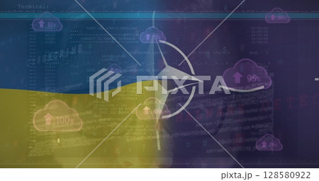 Image of caucasian male hacker and data processing over flag of nato and ukraine 128580922