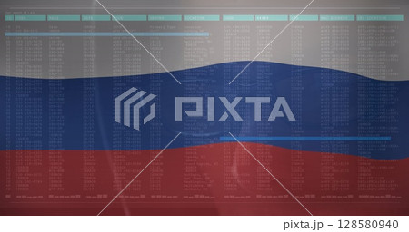 Image caucasian male hacker and data processing over flag of russia 128580940