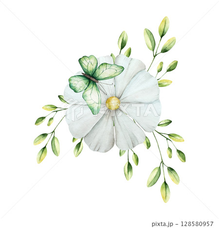 Spring flower with green branches, butterfly and leaves. Watercolor gerbera, chamomile, echinacea.Hand drawn wildflower illustration isolated on background, transparent png. Botanical and wedding 128580957