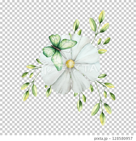 Spring flower with green branches, butterfly and leaves. Watercolor gerbera, chamomile, echinacea.Hand drawn wildflower illustration isolated on background, transparent png. Botanical and wedding 128580957