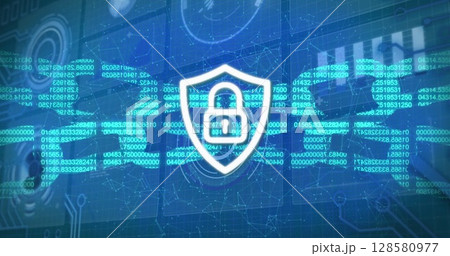 Image of digital shield with padlock and block chain on blue background with diverse data 128580977
