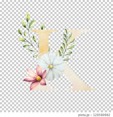 Watercolor letter K with floral ornament and soft foliage, gerbera, chamomile, echinacea. Delicate hand drawn butterfly and botanical elements in elegant.Transparent PNG, perfect for wedding monogram Watercolor letter K with floral ornament and soft foliage, gerbera, chamomile, echinacea. Delicate hand drawn butterfly and botanical elements in elegant.Transparent PNG, perfect for wedding monogram 128580982