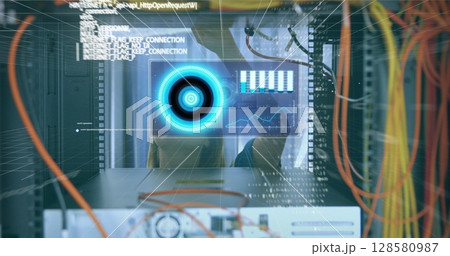 Image of data processing over caucasian female engineer connecting computer wires Image of data processing over caucasian female engineer connecting computer wires 128580987