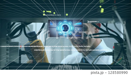 Image of data processing over hands of caucasian male engineer checking wires 128580990