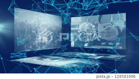 Image of network of connections and data processing over blue background 128581006