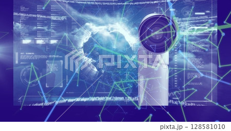 Image of network of connections and data processing over blue background 128581010