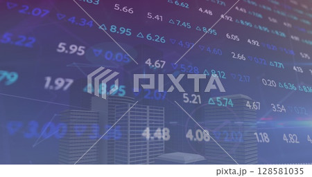 Image of data processing and city on blue background Image of data processing and city on blue background 128581035
