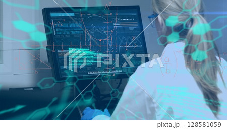 Image of data processing over caucasian female scientist Image of data processing over caucasian female scientist 128581059