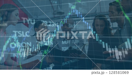 Image of financial data processing and stock market over diverse business people in office 128581069