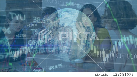 Image of financial data processing and globe over diverse business people in office 128581073