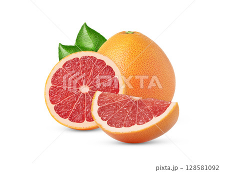 Pink grapefruit and cut in a half and a slice with leaves isolated. Isolated pink grapefruits. 128581092