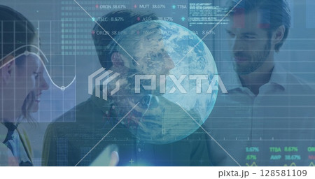 Image of binary coding data processing and globe over diverse businessmen Image of binary coding data processing and globe over diverse businessmen 128581109