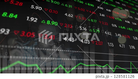 Image of financial data processing and stock market over caucasian man 128581126