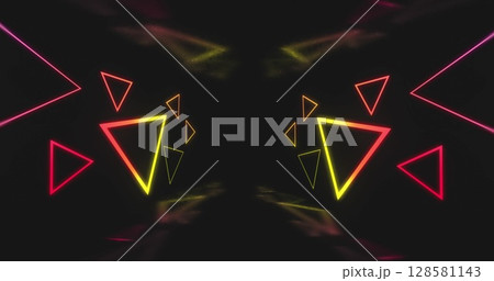 Image of multicoloured neon light triangles flickering on black background 128581143
