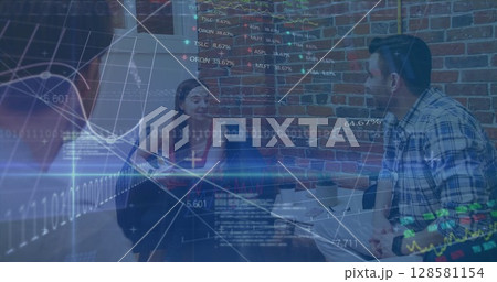 Image of financial data processing and stock market over diverse business people 128581154