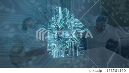 Image of house with computer circuit board over diverse patients Image of house with computer circuit board over diverse patients 128581160