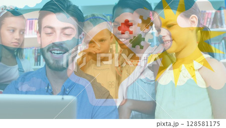 Image of puzzle pieces and clouds over diverse schoolchildren and teacher using tablet 128581175