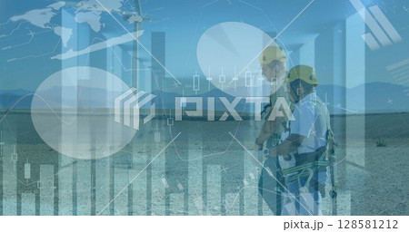 Image of data financial processing over windmill and workers Image of data financial processing over windmill and workers 128581212