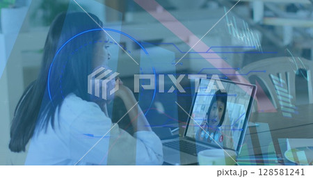 Image of statistics and data processing over biracial businesswoman on laptop image call Image of statistics and data processing over biracial businesswoman on laptop image call 128581241