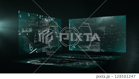Image of mathematical formulas on screens over black background Image of mathematical formulas on screens over black background 128581247