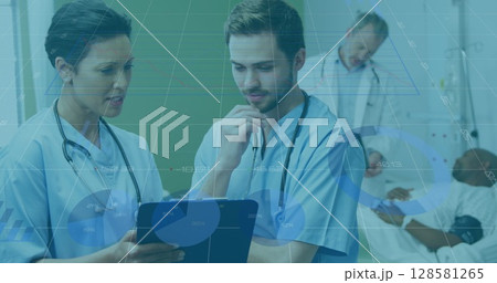 Image of data processing over diverse group of doctors Image of data processing over diverse group of doctors 128581265