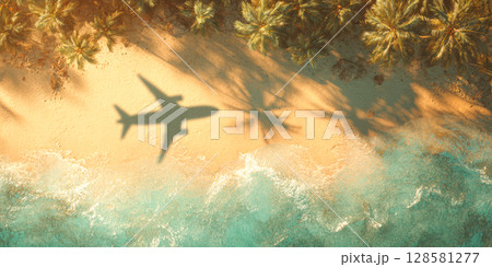 A stunning aerial view of a pristine tropical beach, featuring the shadow of an airplane casting over the clear turquoise water and sandy shore, evoking feelings of travel and luxurious getaways 128581277