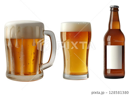 白バックにジョッキとグラスと瓶のビール 128581380
