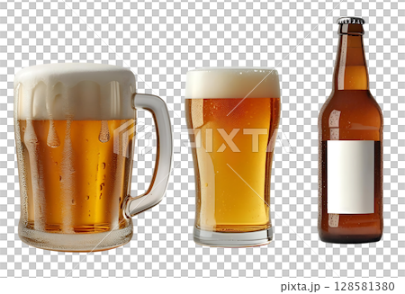 白色背景的杯子、玻璃杯和啤酒瓶 白色背景的杯子、玻璃杯和啤酒瓶 128581380