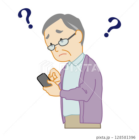 スマホを見て疑問に思う高齢者の男性 128581396