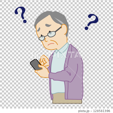 スマホを見て疑問に思う高齢者の男性 128581396