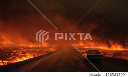A lone car drives through a fiery apocalyptic landscape 128581399