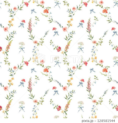 Seamless watercolor floral pattern with hand-painted wildflowers and leaves. Soft pink, yellow, and blue blossoms. Ideal for wallpaper, fabric, nursery decor, and spring-themed designs. Seamless watercolor floral pattern with hand-painted wildflowers and leaves. Soft pink, yellow, and blue blossoms. Ideal for wallpaper, fabric, nursery decor, and spring-themed designs. 128581544