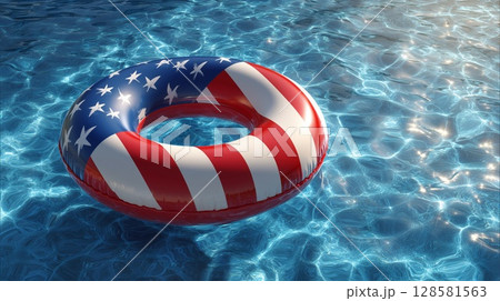 American flag swimming ring in pool American flag swimming ring in pool 128581563