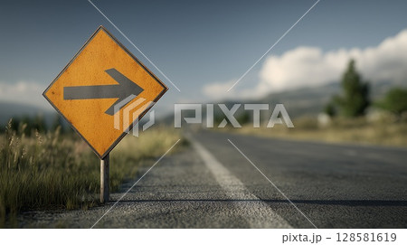 Winding road with yellow sign with direction arrow at dawn 128581619