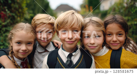 Close-up of five joyful elementary school children, two boys and three girls, smiling warmly at the camera outdoors, showcasing friendship and readiness for education and shared experiences 128581675