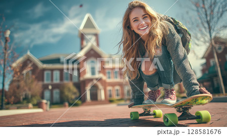 A vibrant young woman with a radiant smile enjoys a sunny day, balancing on her skateboard in an urban setting with a grand building in the background, embodying youthful freedom, an active lifestyle. 128581676