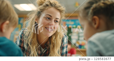 A warm and friendly female educator with a genuine smile interacts closely with young students in a bright classroom, embodying dedicated teaching and nurturing guidance 128581677